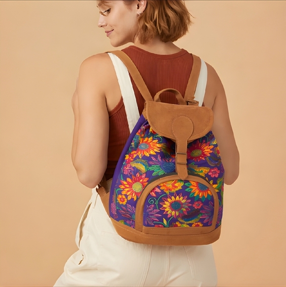 Handmade Guatemalan Canvas Embroidered Sunflower Backpack main image 2